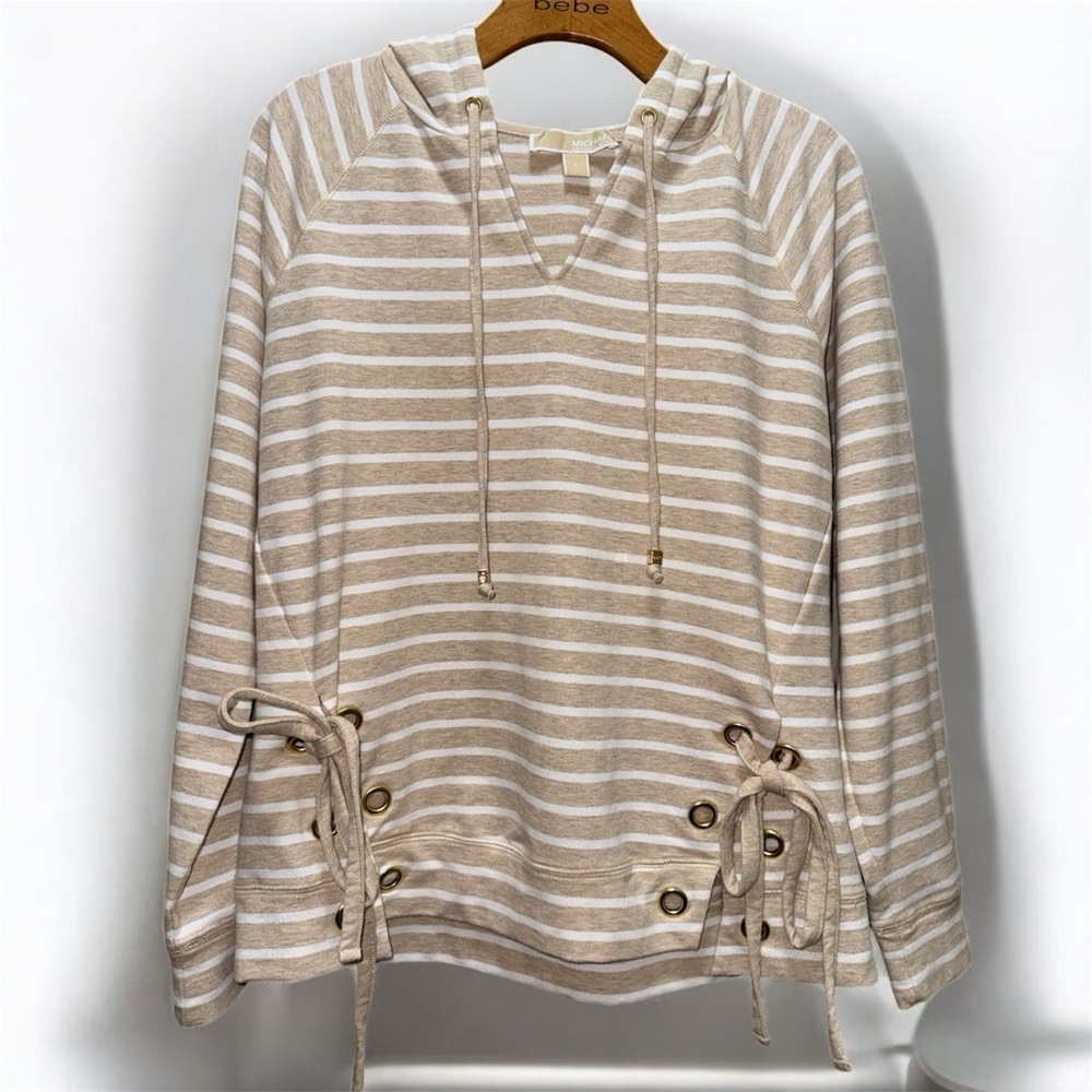 Michael Kors Women's Striped Lace-Up Cream Tan Hoodie size Small